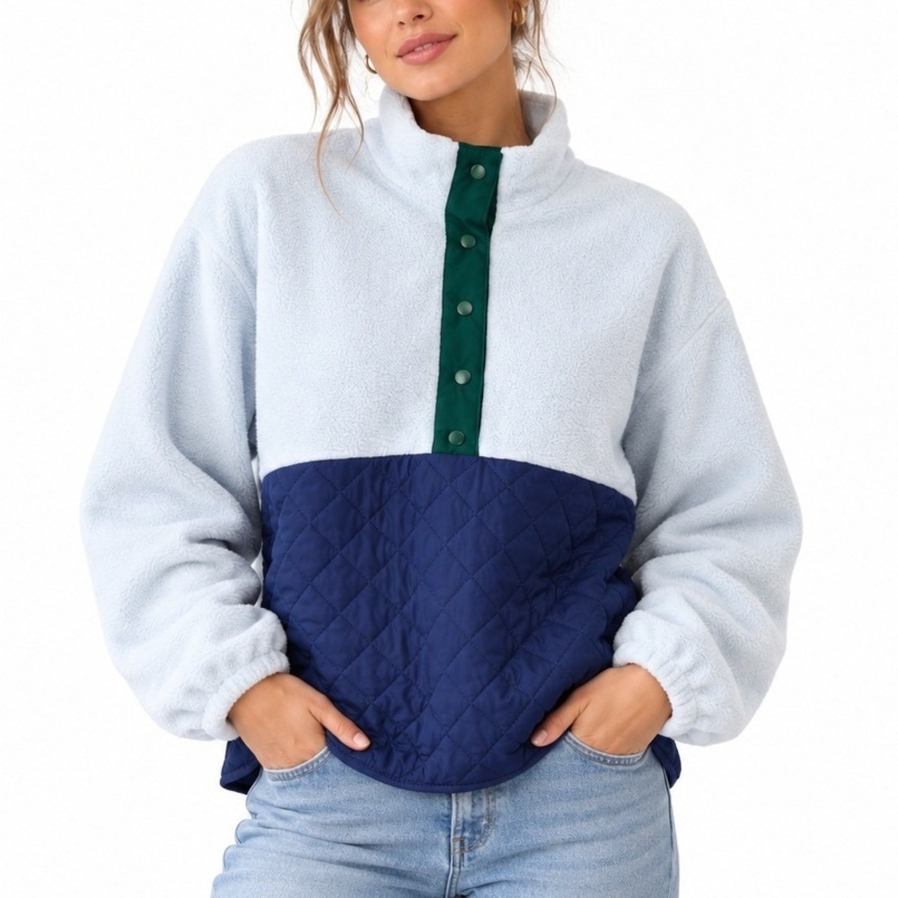 J.CREW Quilted Mixed Media Fleece Pullover Sherpa Colorblock Blue. Size S